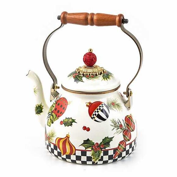 MACKENZIE-CHILDS Deck the Halls 2 Quart Tea Kettle Christmas Kitchen White NEW - Picture 2 of 2